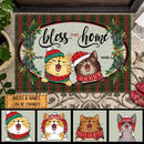Bless This Home - Green Red Plaid - Personalized Cat Christmas Doormat
