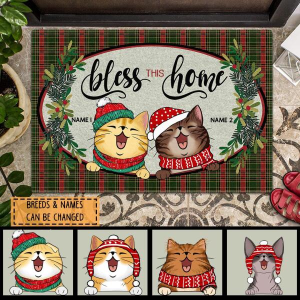 Bless This Home - Green Red Plaid - Personalized Cat Christmas Doormat