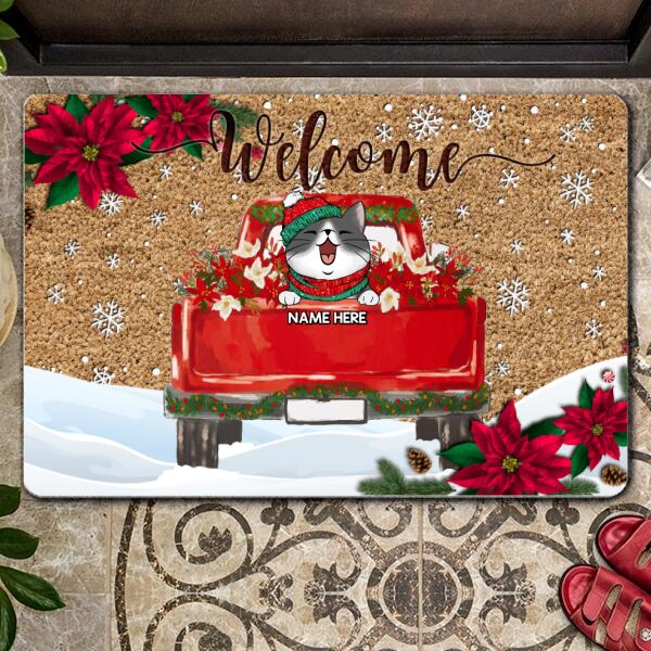 Welcome - Red Truck - Red Poinsettia - Personalized Cat Christmas Doormat