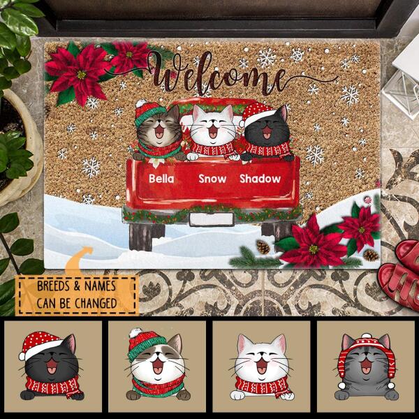 Welcome - Red Truck - Red Poinsettia - Personalized Cat Christmas Doormat