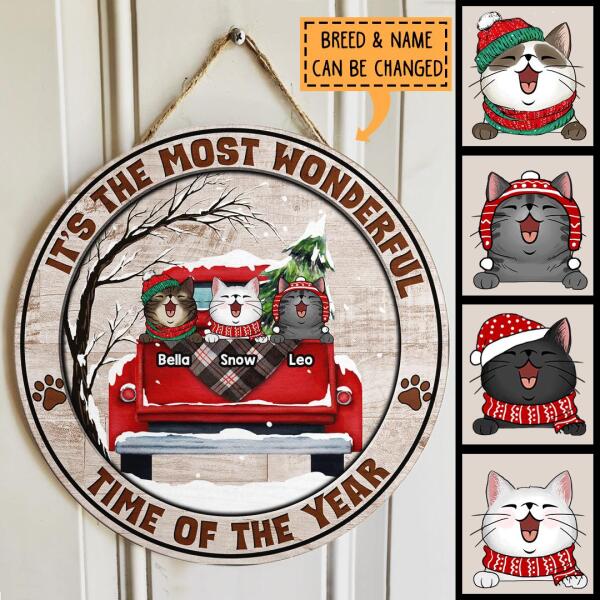 It's The Most Wonderful Time Of The Year - Old Wooden - Red Truck - Personalized Cat Christmas Door Sign