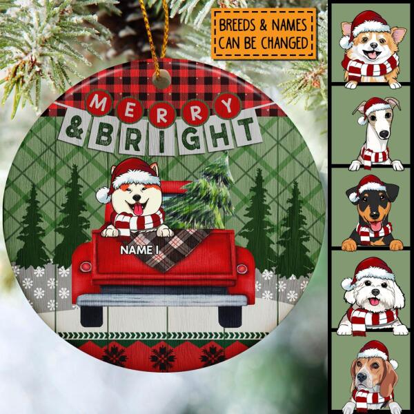 Merry And Bright Red & Green Plaid Circle Ceramic Ornament - Personalized Dog Lovers Decorative Christmas Ornament