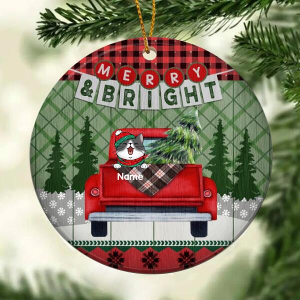 Merry And Bright Red & Green Plaid Circle Ceramic Ornament - Personalized Cat Lovers Decorative Christmas Ornament