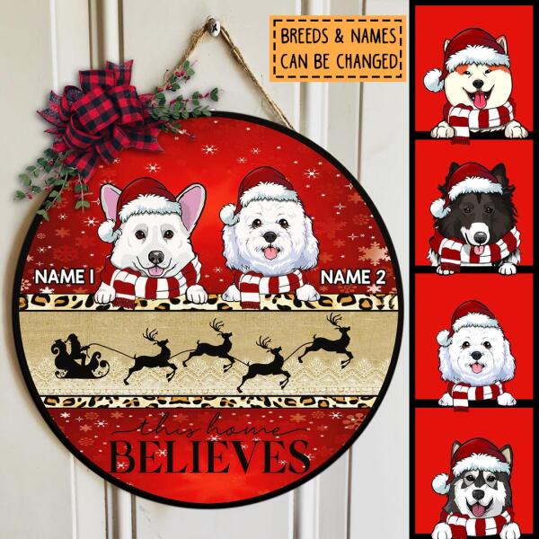 This Home Believes - Santa's Sleigh - Red And Gold - Personalized Dog Christmas Door Sign