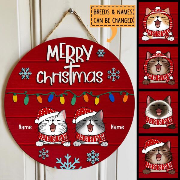 Merry Christmas - String Lights Red Wooden - Personalized Cat Christmas Door Sign