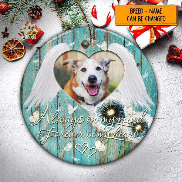 Always On My Mind Custom Photo Blue Wood Circle Ceramic Ornament - Personalized Dog & Cat Decorative Christmas Ornament