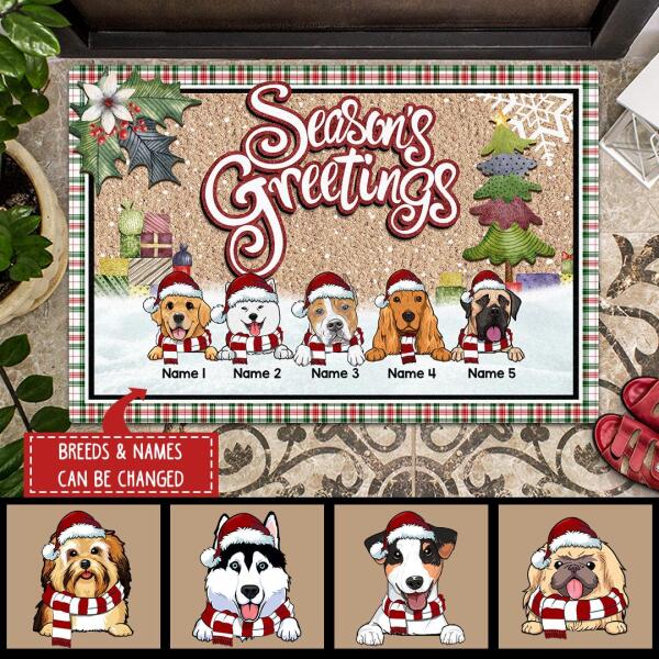 Season's Greetings - Green Red Plaid Around - Personalized Dog Christmas Doormat