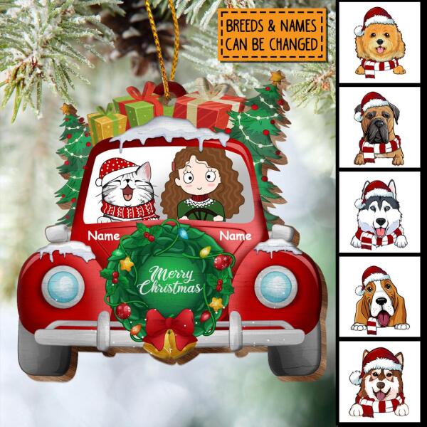 Merry Christmas Cat & Girl In Red Truck Shaped Wooden Ornament - Personalized Cat Lovers Decorative Christmas Ornament