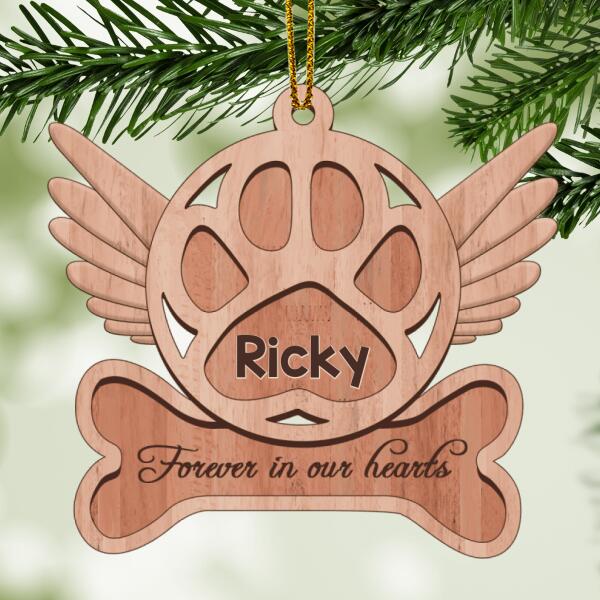 Forever In Our Hearts Angel Paw With Bone Shaped Wooden Ornament - Personalized Dog & Cat Decorative Christmas Ornament