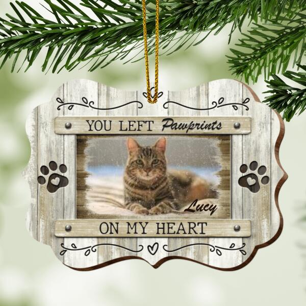 You Left Pawprints On My Heart Ornate Shaped Wooden Ornament - Personalized Cat Lovers Decorative Christmas Ornament