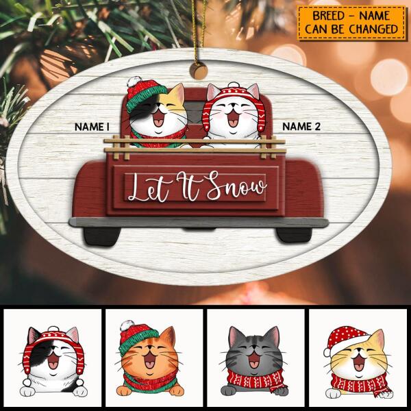 Let It Snow Burgundy Truck White Oval Shaped Wooden Ornament - Personalized Cat Lovers Decorative Christmas Ornament