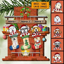Dog In Xmas Stocking Brick Fireplace Shaped Wooden Ornament - Personalized Dog Lovers Decorative Christmas Ornament