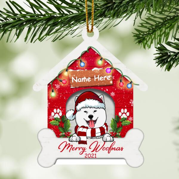 Personalised Dog In Red House With Bone Shaped Wooden Ornament - Personalized Dog Lovers Decorative Christmas Ornament