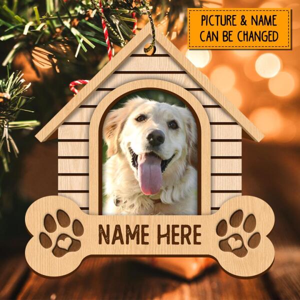 Custom Photo Wooden House With Bone Shaped Wooden Ornament - Personalized Dog & Cat Lovers Decorative Christmas Ornament