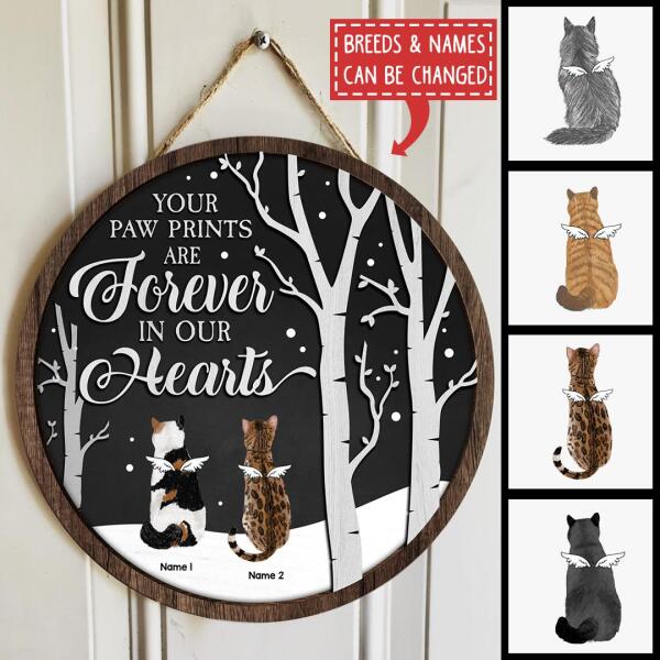 Your Paw Prints Are Forever In Our Hearts - Memorial Black Sky White Tree - Personalized Angel Cat Christmas Door Sign