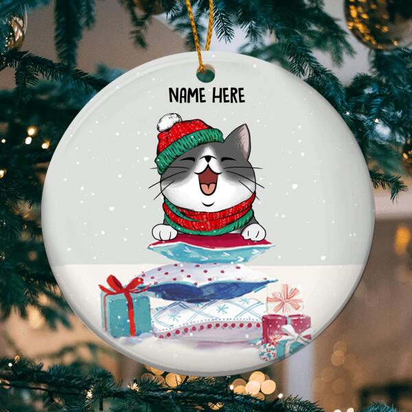 Personalised Cat On Xmas Pillows Grey Circle Ceramic Ornament - Personalized Cat Lovers Decorative Christmas Ornament