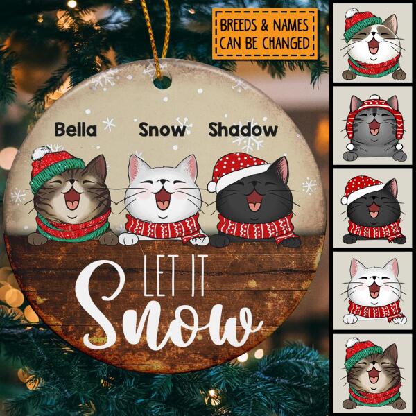 Personalised Let It Snow Brown Wooden Circle Ceramic Ornament - Personalized Cat Lovers Decorative Christmas Ornament