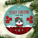 Merry Christmas Poinsettia Red Wood Blue Circle Ceramic Ornament - Personalized Cat Lovers Decorative Christmas Ornament