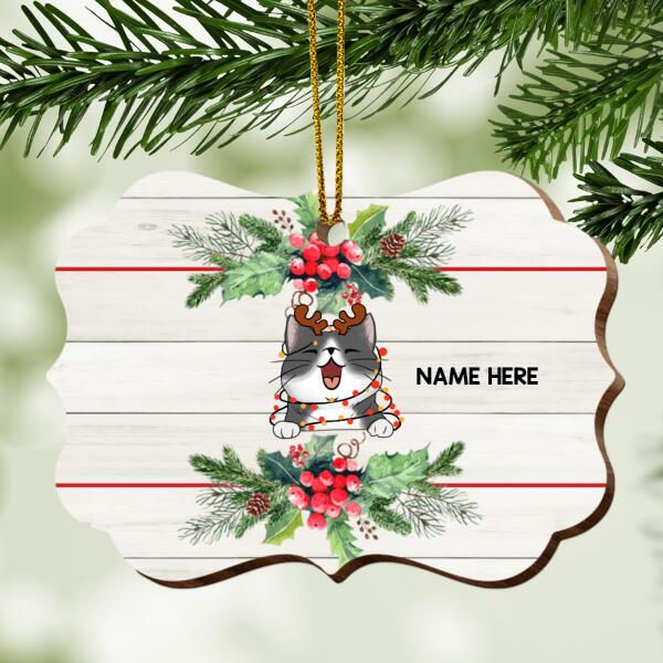 Xmas Cat In White Wooden Ornate Shaped Wooden Ornament - Personalized Cat Lovers Decorative Christmas Ornament
