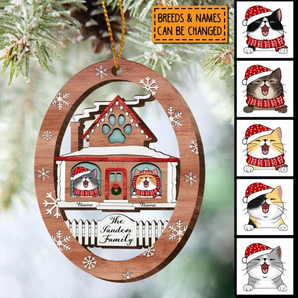 Personalised Cat In Cozy Home Oval Shaped Wooden Ornament - Personalized Cat Lovers Decorative Christmas Ornament