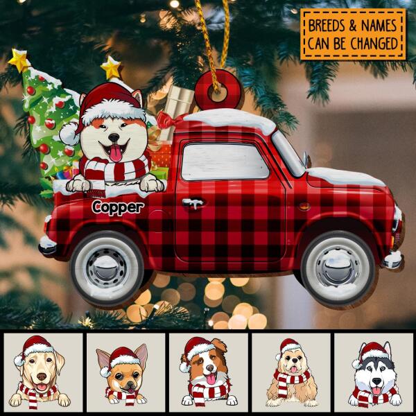 Personalised Dog In Red Plaid Truck Shaped Wooden Ornament - Personalized Dog Lovers Decorative Christmas Ornament