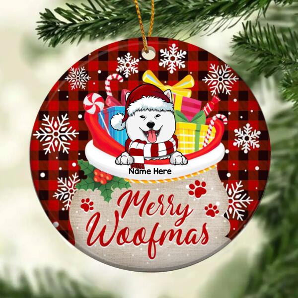 Merry Woofmas Dog In Santa's Bag Red Plaid Circle Ceramic Ornament - Personalized Dog Decorative Christmas Ornament