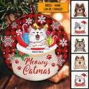 Meowy Catmas Cat In Santa's Bag Red Plaid Circle Ceramic Ornament - Personalized Cat Decorative Christmas Ornament