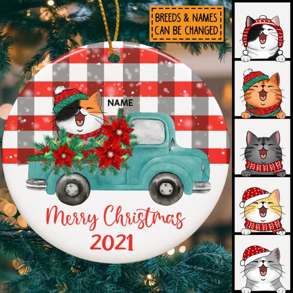 Merry Christmas Blue Truck Plaid Circle Ceramic Ornament - Personalized Cat Lovers Decorative Christmas Ornament