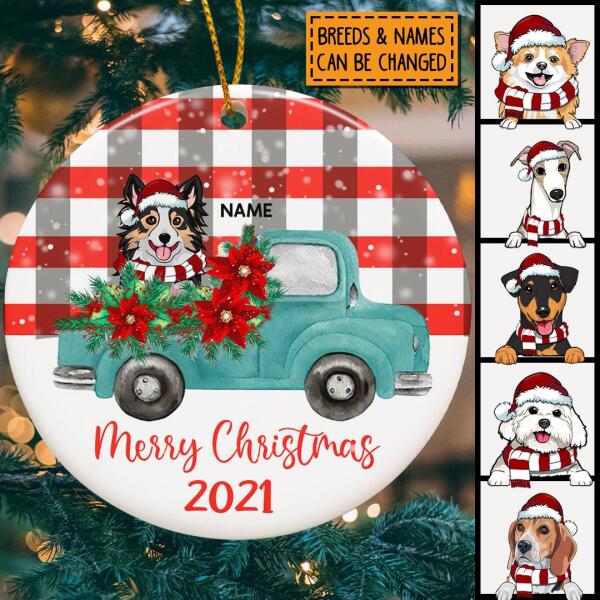 Merry Christmas Blue Truck Plaid Circle Ceramic Ornament - Personalized Dog Lovers Decorative Christmas Ornament