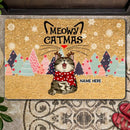 Meowy Catmas - Christmas Cat With Pine Trees - Personalized Cat Christmas Doormat