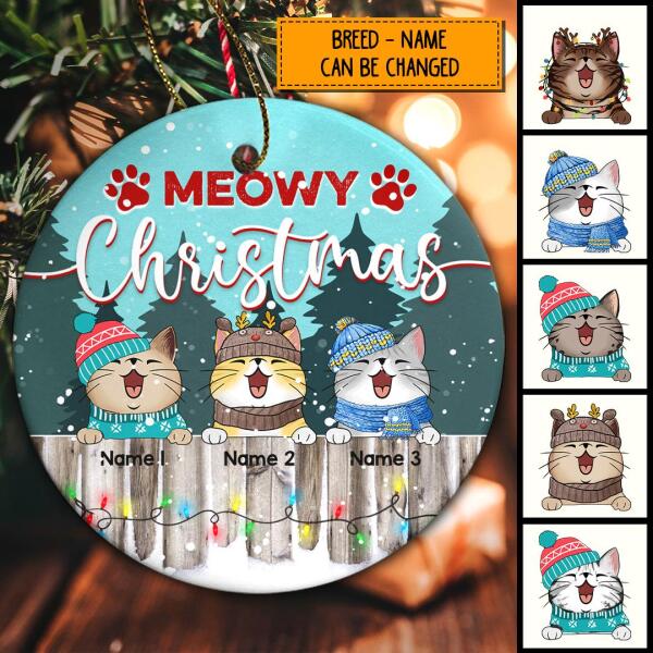 Personalised Meowy Christmas Cat On Fence Circle Ceramic Ornament - Personalized Cat Decorative Christmas Ornament