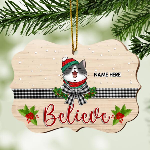 Believe Plaid Bow Pale Wooden Ornate Shaped Wooden Ornament - Personalized Cat Lovers Decorative Christmas Ornament