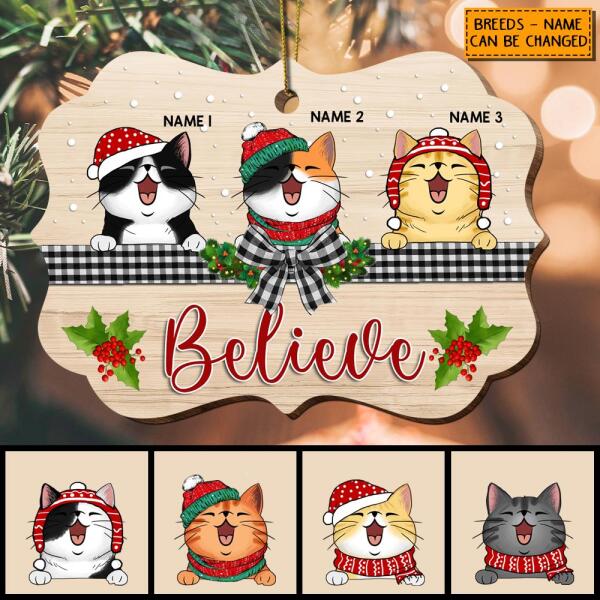 Believe Plaid Bow Pale Wooden Ornate Shaped Wooden Ornament - Personalized Cat Lovers Decorative Christmas Ornament