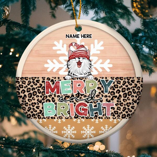 Personalised Merry And Bright Leopard Circle Ceramic Ornament - Personalized Cat Lovers Decorative Christmas Ornament