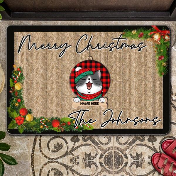 Merry Christmas - Plaid Ball Ornaments - Personalized Cat Christmas Doormat