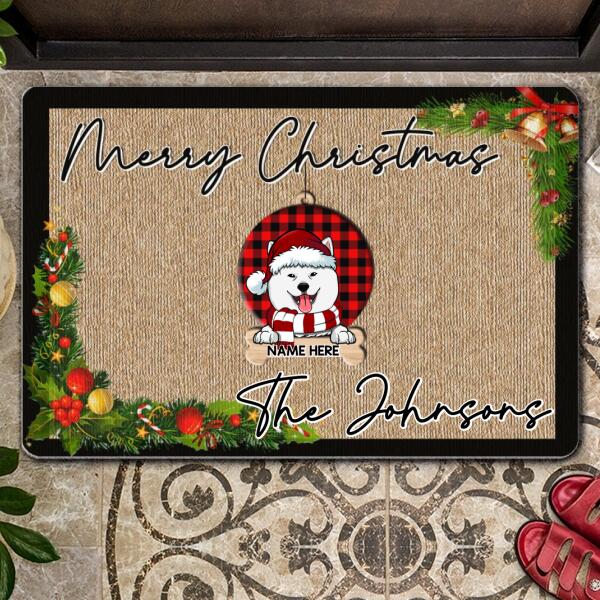 Merry Christmas - Plaid Ball Ornaments - Personalized Dog Christmas Doormat