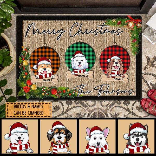 Merry Christmas - Plaid Ball Ornaments - Personalized Dog Christmas Doormat