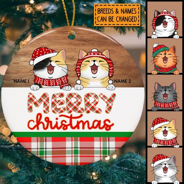 Personalised Merry Christmas Plaid Circle Ceramic Ornament - Personalized Cat Lovers Decorative Christmas Ornament