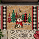 Christmas Cat With Pine Trees - Plaid On Either Side - Personalized Cat Christmas Doormat
