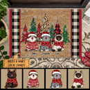 Christmas Cat With Pine Trees - Plaid On Either Side - Personalized Cat Christmas Doormat