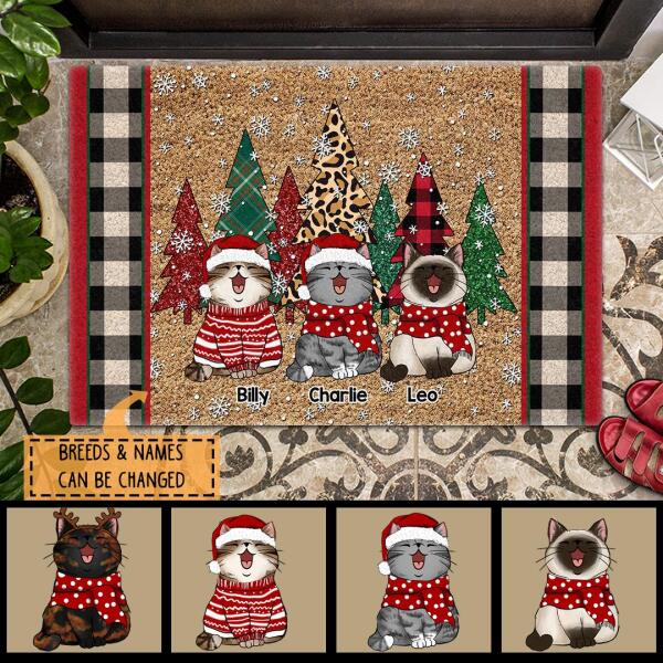 Christmas Cat With Pine Trees - Plaid On Either Side - Personalized Cat Christmas Doormat
