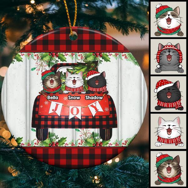 Personalised Joy Red Plaid Pattern Circle Ceramic Ornament - Personalized Cat Lovers Decorative Christmas Ornament