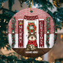Merry Joy Christmas Cat Front Door Circle Ceramic Ornament - Personalized Cat Lovers Decorative Christmas Ornament