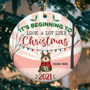 It's Beginning To Look A Lot Like Christmas Pink Circle Ceramic Ornament - Personalized Cat Lovers Christmas Ornament