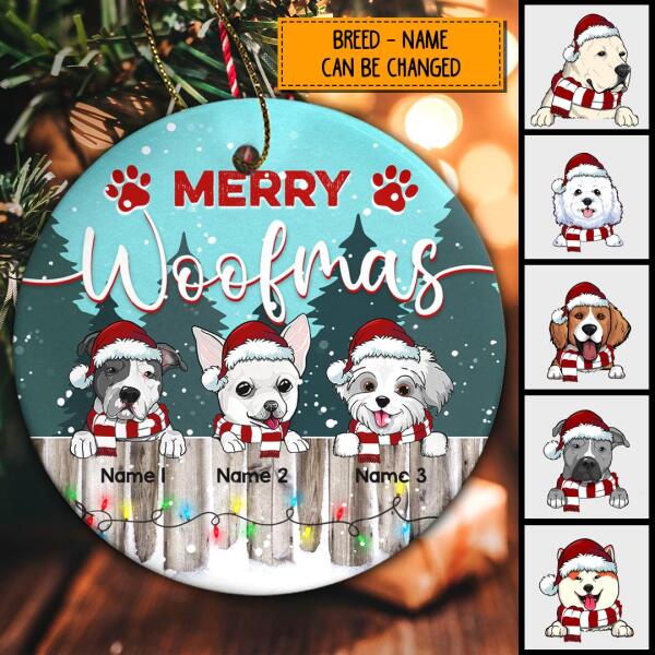 Personalised Merry Woofmas Dog On Fence Circle Ceramic Ornament - Personalized Dog Lovers Decorative Christmas Ornament