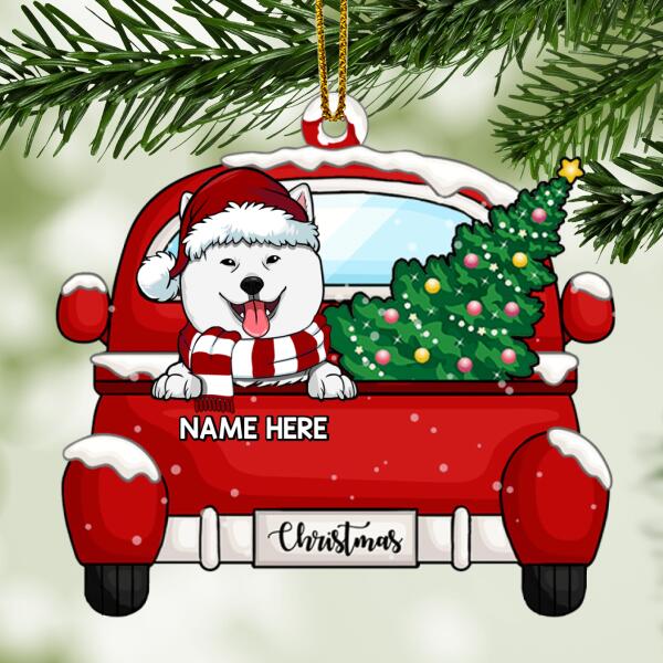 Personalised Dog On Red Truck Shaped Wooden Ornament - Personalized Dog Lovers Decorative Christmas Ornament