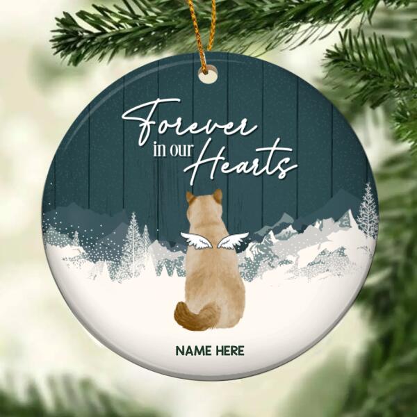 Forever In Our Heart Dark Green Wooden Circle Ceramic Ornament - Personalized Angel Cat Decorative Christmas Ornament