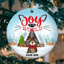 Joy To The World Snowy Mint Tone Circle Ceramic Ornament - Personalized Cat Lovers Decorative Christmas Ornament
