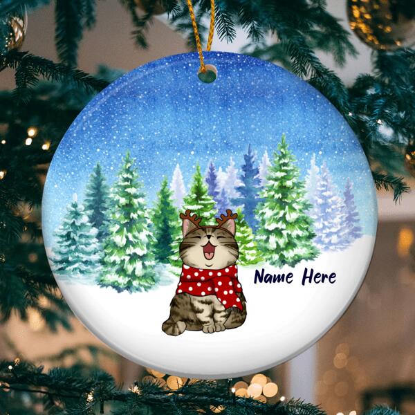 Personalised Xmas Snowy Pine Forrest Circle Ceramic Ornament - Personalized Cat Lovers Decorative Christmas Ornament