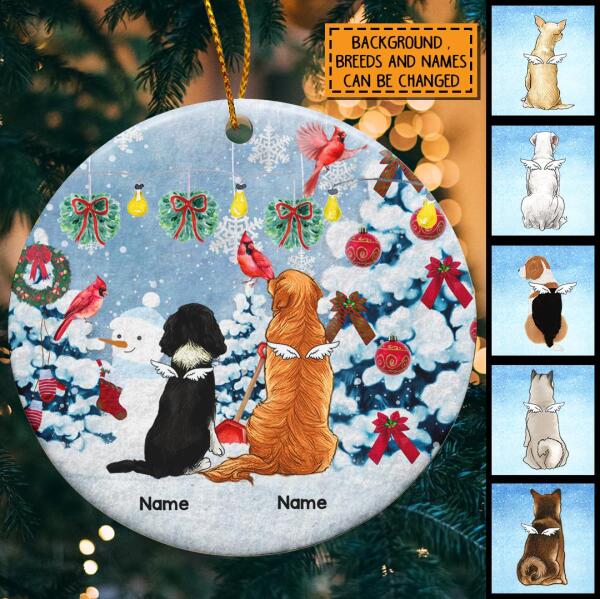 Snowy Xmas Tree Red Cardinals Memorial Circle Ceramic Ornament - Personalized Angel Dog Decorative Christmas Ornament